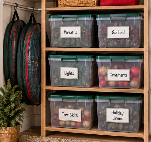 Christmas wreath bags stored beside labeled holiday storage bins