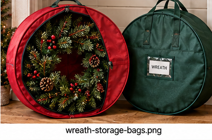 Christmas wreaths stored inside protective round wreath storage bags
