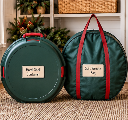Hard-shell wreath container and soft Christmas wreath storage bag compared side by side. How to store christmas wreaths
