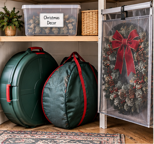 Christmas wreath storage options including hard-shell container soft bag and hanging storage