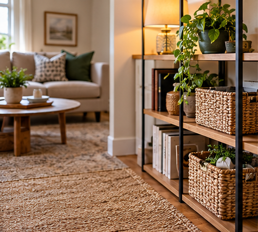 Aesthetic storage ideas in a warm small living space with wood shelves and woven baskets