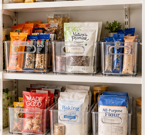 Clear handled pantry storage bins organizing snacks, baking supplies, and food packages on small pantry shelves.