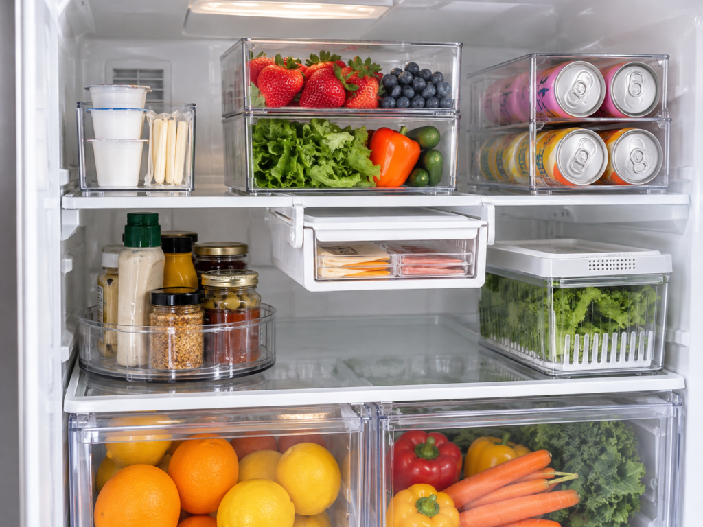 Small refrigerator organized with clear bins, stacked containers, a can organizer, turntable, and pull out drawer