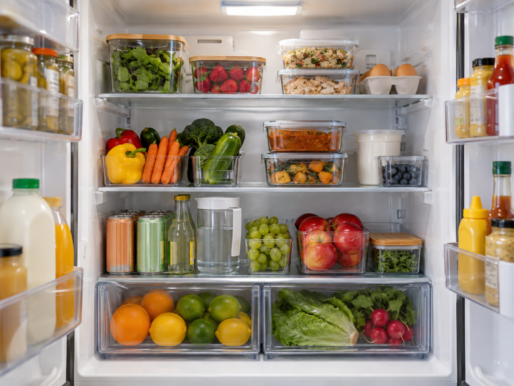 Organized refrigerator after a fridge reset with produce, leftovers, drinks, and condiments in clear zones