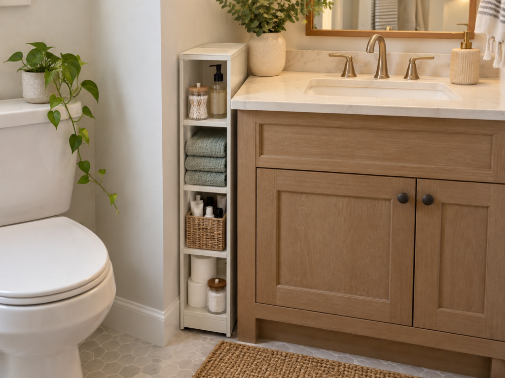 Narrow storage cabinet fitting into a small unused gap beside a bathroom vanity