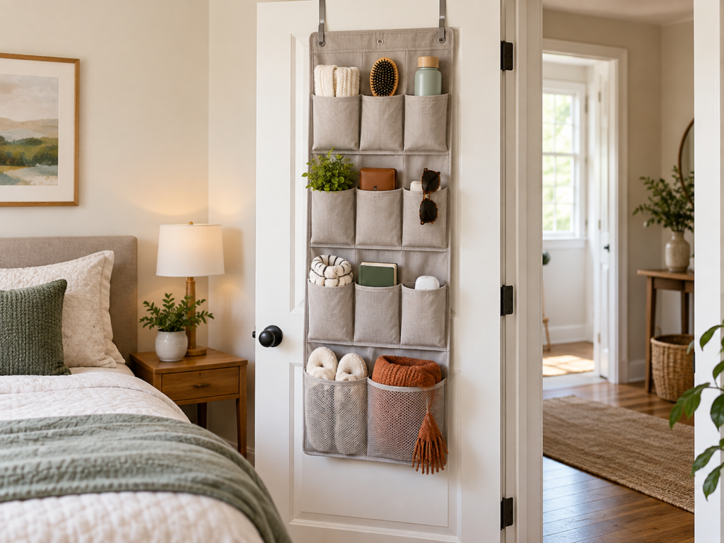 Over-the-door storage organizer used in a small bedroom for accessories and everyday items