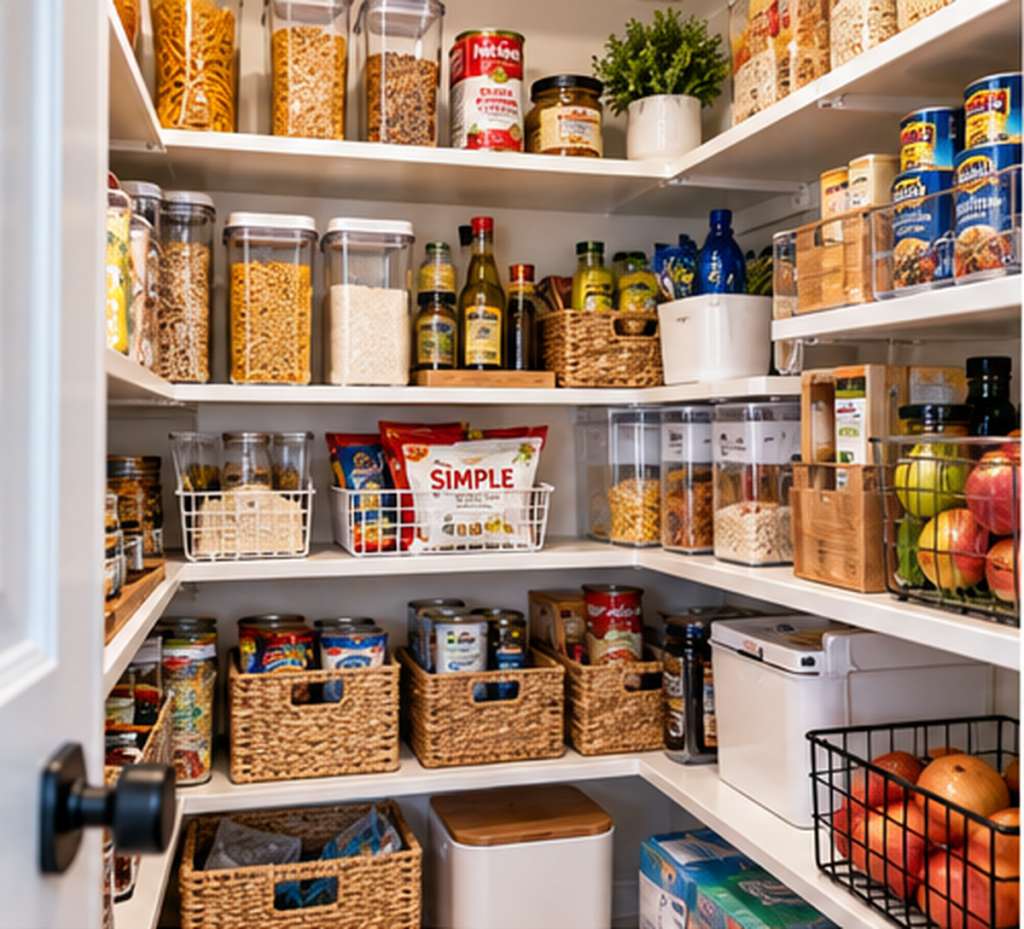 Small pantry after a pantry reset with organized shelves, baskets, jars, and canned goods