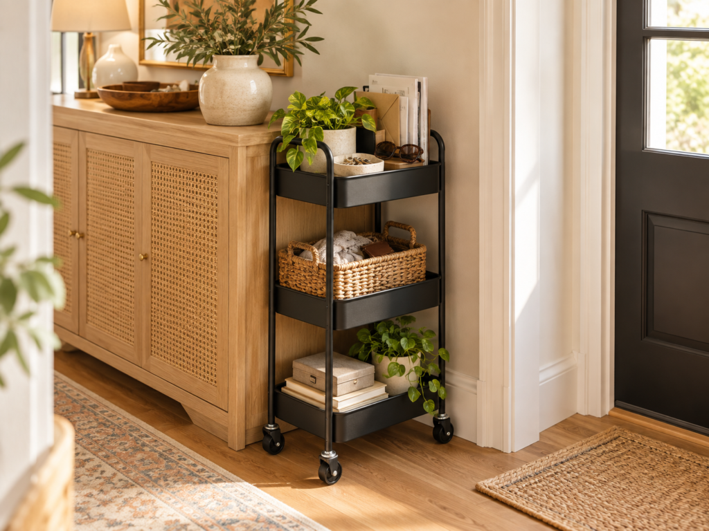 Black rolling storage cart tucked beside an entryway cabinet in a small space