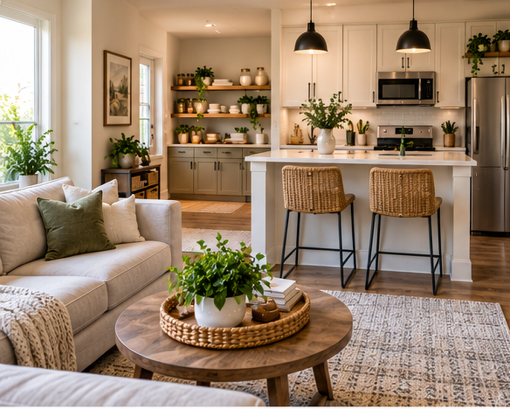 Small apartment living room and kitchen after a Sunday reset with clear surfaces and organized storage