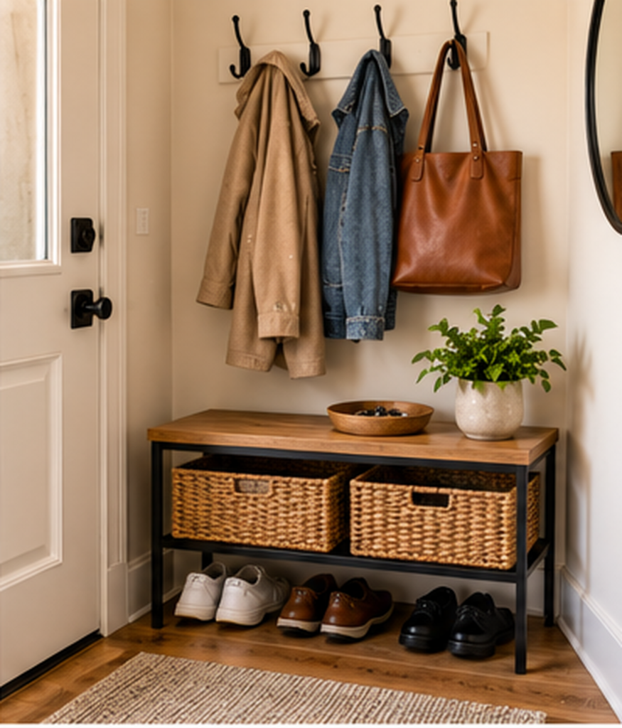 Small apartment entryway with shoes organized, coats on hooks, and a tidy catch-all area