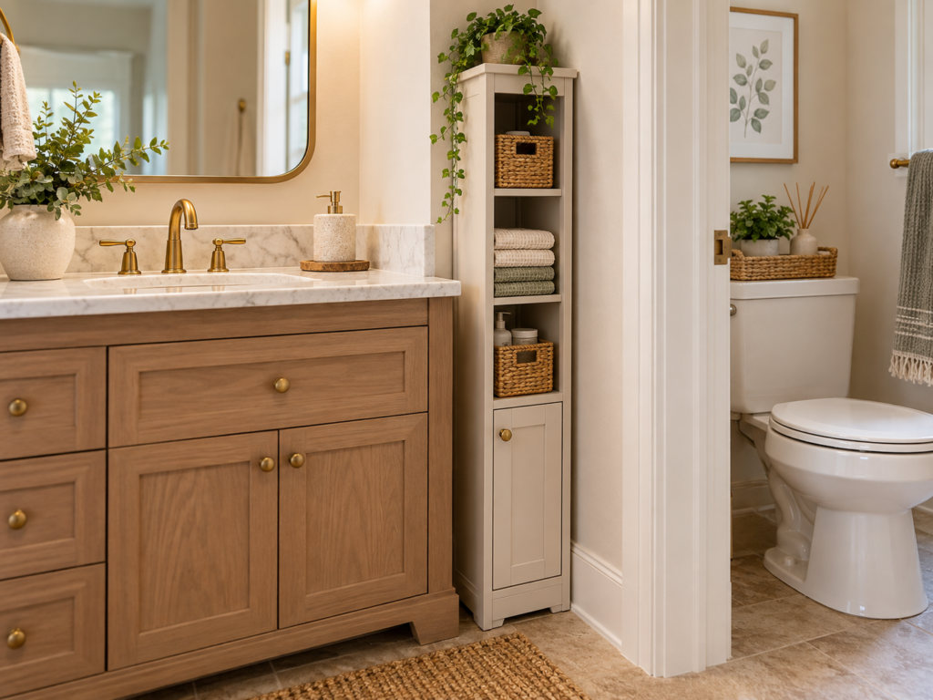 Slim bathroom storage cabinet beside a vanity holding towels and toiletries