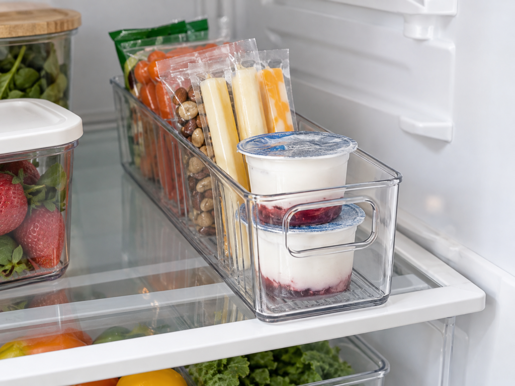 Narrow clear refrigerator bin holding yogurt, cheese sticks, and small snacks