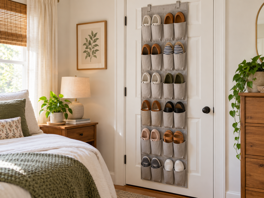 Over-the-door shoe organizer holding multiple pairs of shoes in a small bedroom