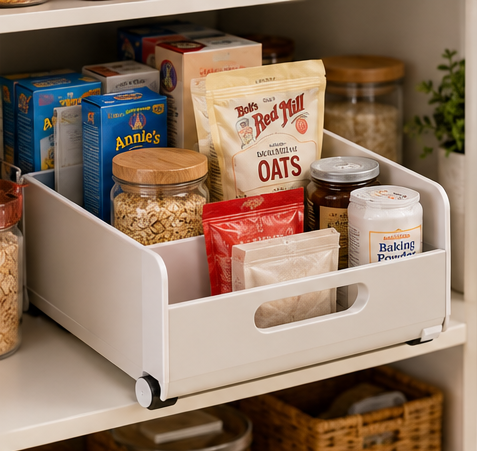 White rollout pantry drawer holding baking ingredients and packaged foods on a deep pantry shelf.