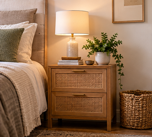 Warm wood storage furniture in a small bedroom with woven baskets and open shelving