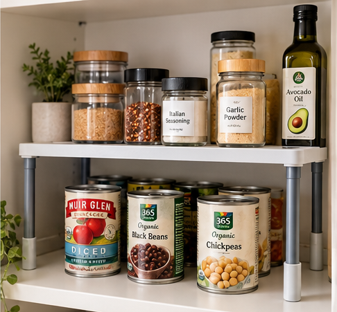 Adjustable white pantry shelf riser creating two levels of storage for jars, canned goods, and pantry essentials.