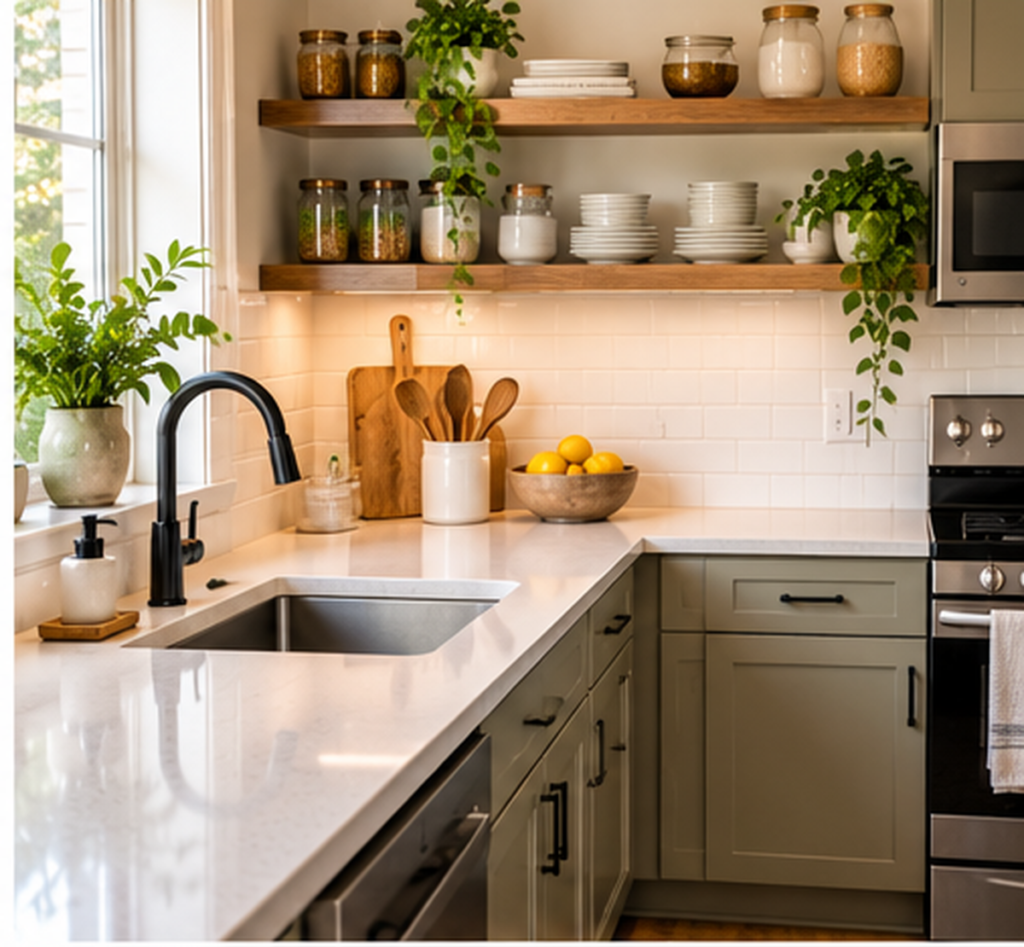 Small kitchen after a weekly reset with clear countertops and neatly organized essentials