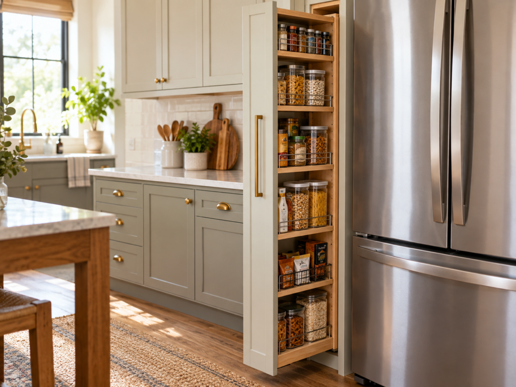 Narrow pantry cabinet beside a refrigerator holding dry goods and pantry staples
