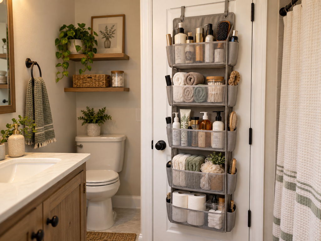 Over-the-door bathroom organizer holding toiletries, towels, and grooming supplies