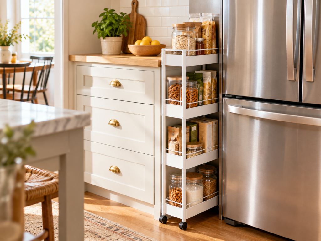 Slim rolling pantry cart beside a refrigerator storing dry goods and snacks