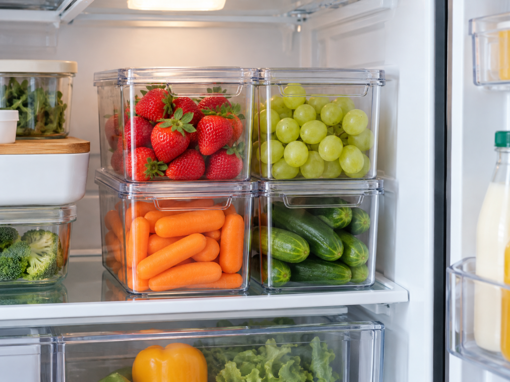 Stackable clear fridge bins holding strawberries, grapes, carrots, and cucumbers