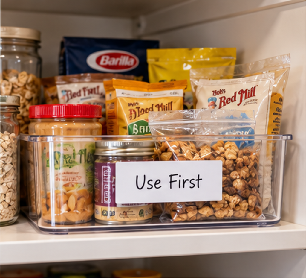 Pantry use first bin holding older snacks, pasta, and pantry staples