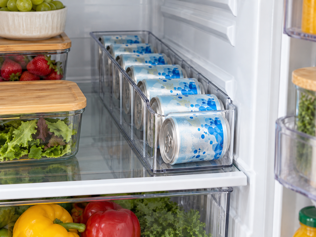 Narrow refrigerator can organizer holding canned drinks in a single row