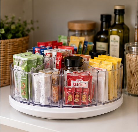 Clear divided rotating pantry turntable organizing condiment packets, seasonings, and small pantry items.