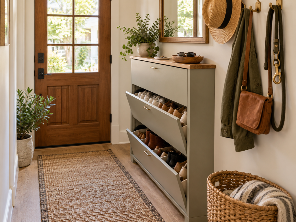 Narrow entryway shoe cabinet with tilt out compartments in a small foyer