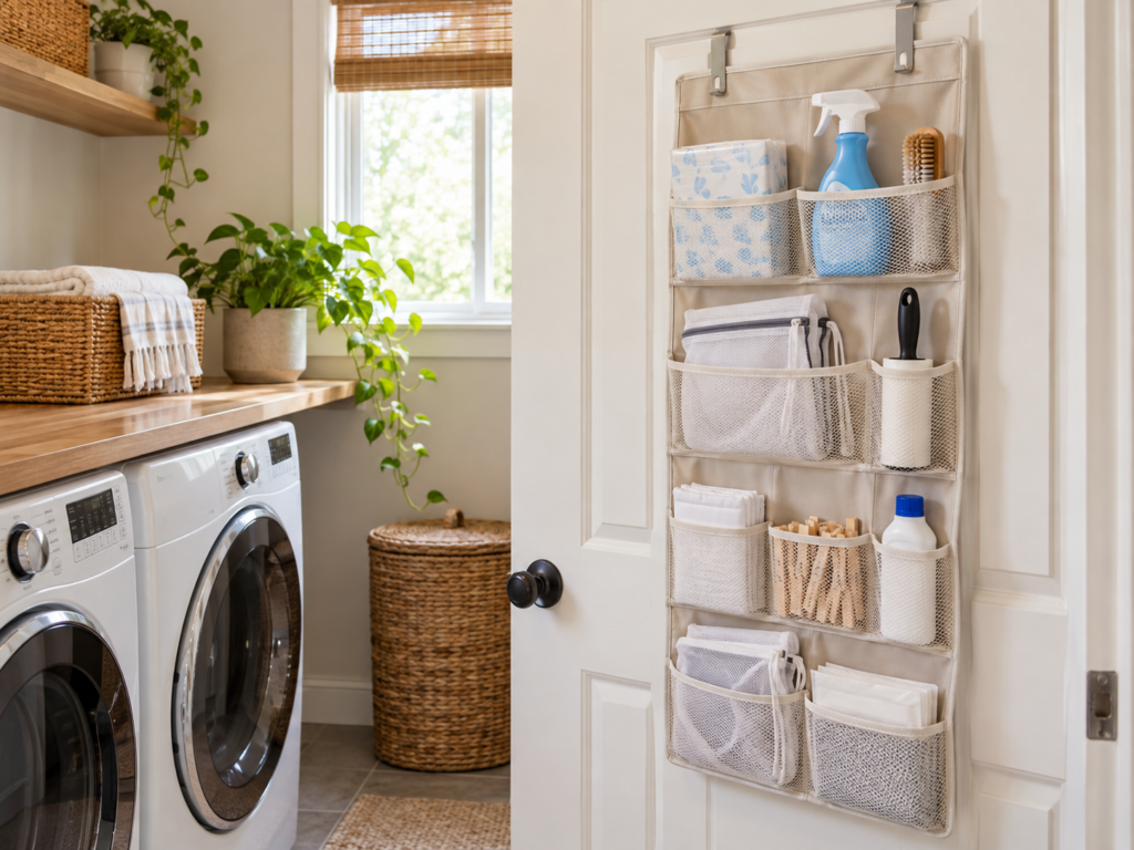 Over-the-door laundry organizer storing cleaning and laundry supplies