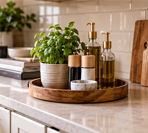 Decorative countertop tray organizing oils, soap, utensils, and a small plant