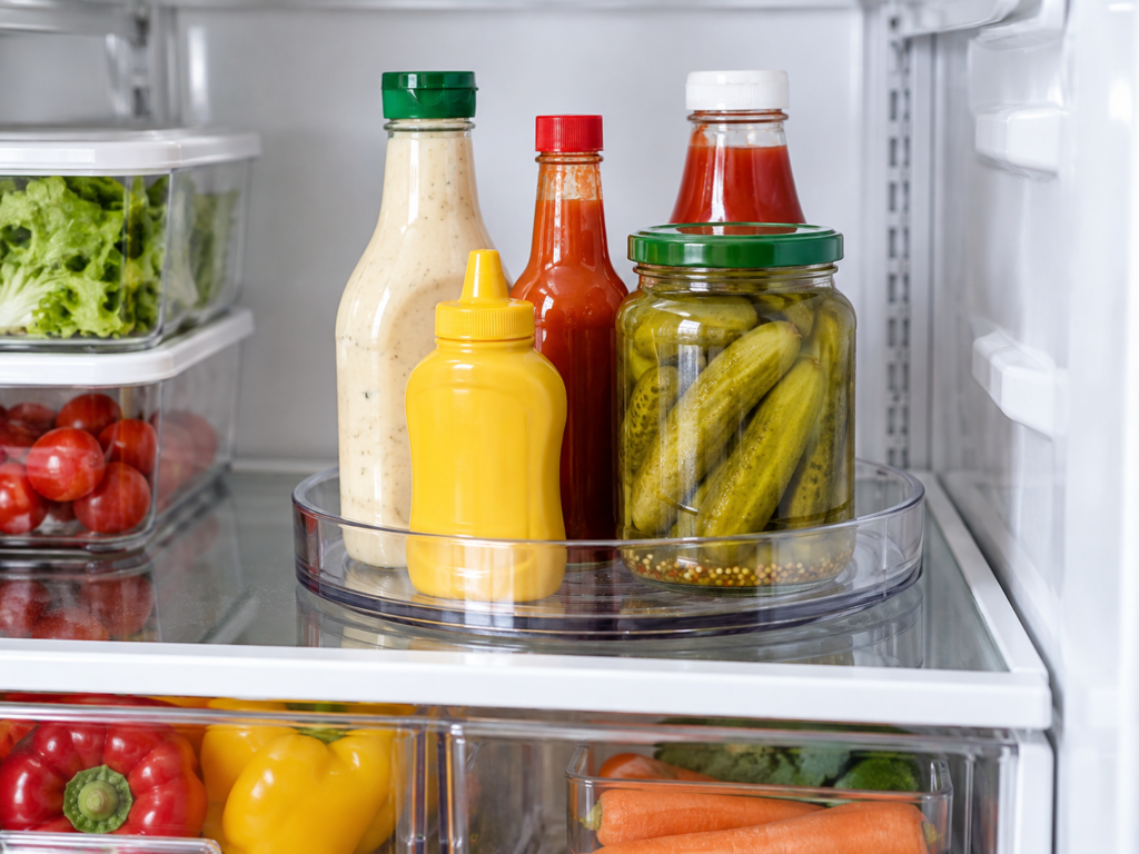 Refrigerator turntable holding salad dressing, mustard, hot sauce, and pickles