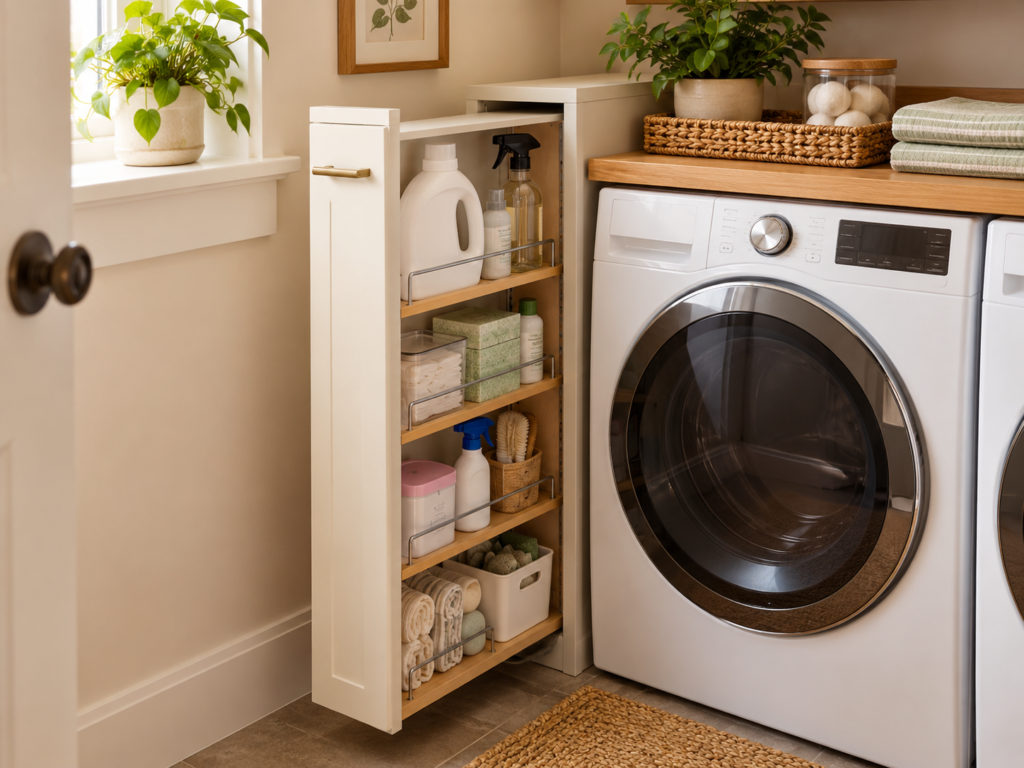 Narrow laundry storage cabinet beside a washing machine holding detergent and supplies