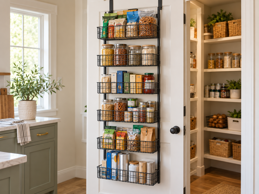 Metal over-the-door pantry organizer holding snacks, jars, and pantry supplies
