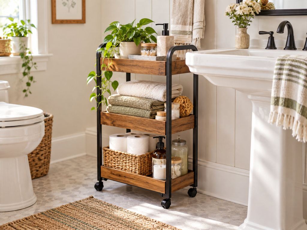 Rolling bathroom cart beside a pedestal sink holding towels and toiletries