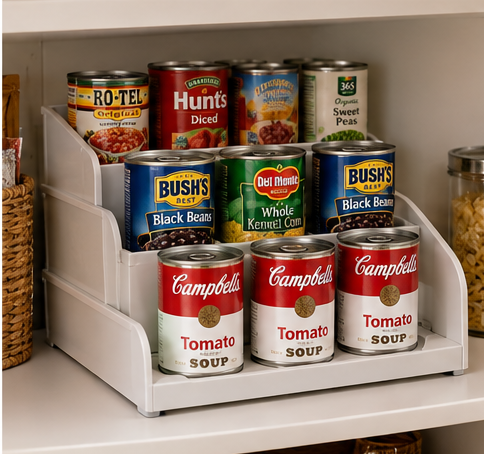 White tiered pantry can organizer displaying canned vegetables, beans, and soups on a small pantry shelf.