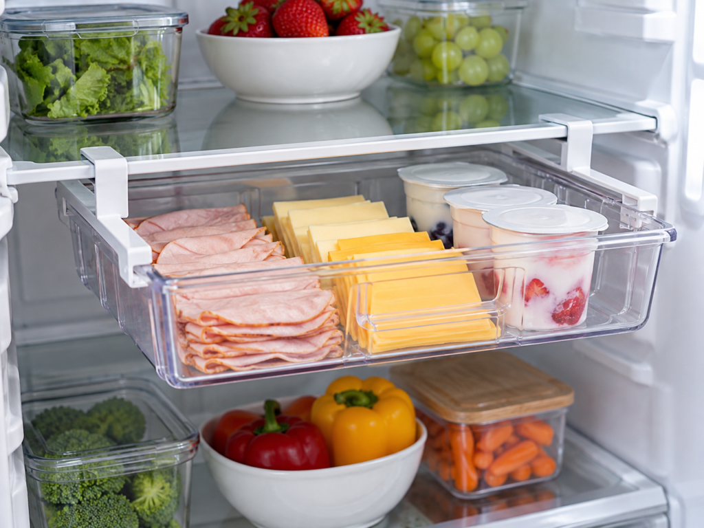 Pull out refrigerator drawer attached beneath a shelf holding deli meat, cheese, and yogurt