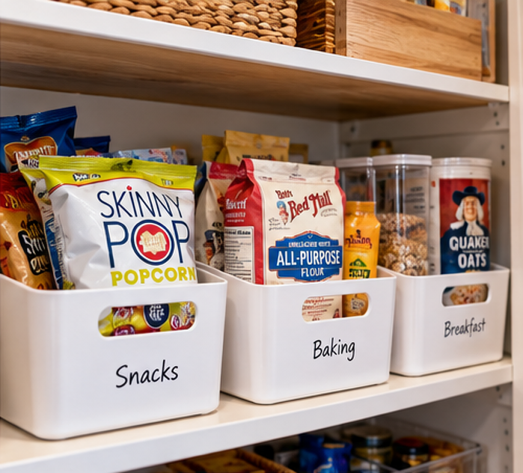 Handled pantry bins organizing snacks, baking supplies, and breakfast foods on a shelf