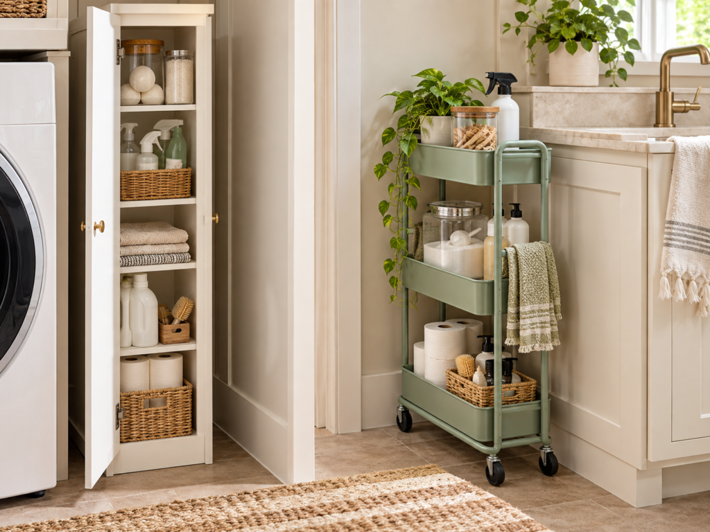 Narrow storage cabinet and slim rolling cart used in a small laundry area