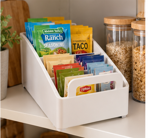 Narrow white pantry packet organizer holding seasoning mixes, snack packets, and small packaged foods on a cabinet shelf.