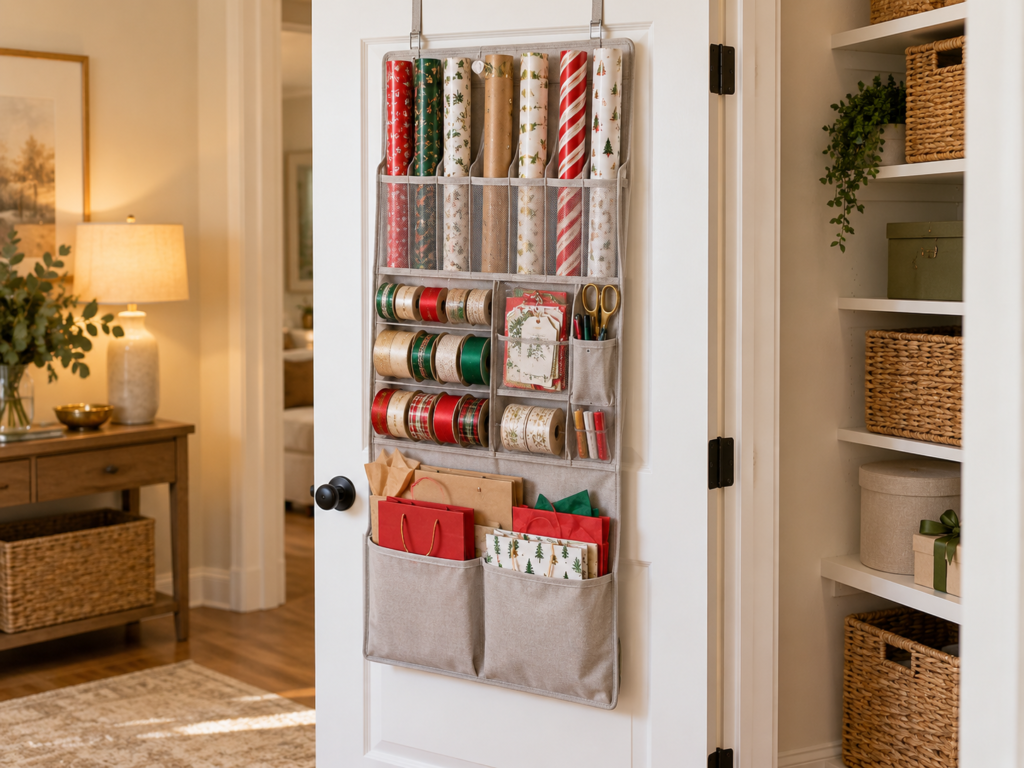 Over-the-door gift wrap organizer holding wrapping paper, ribbon, bags, and scissors