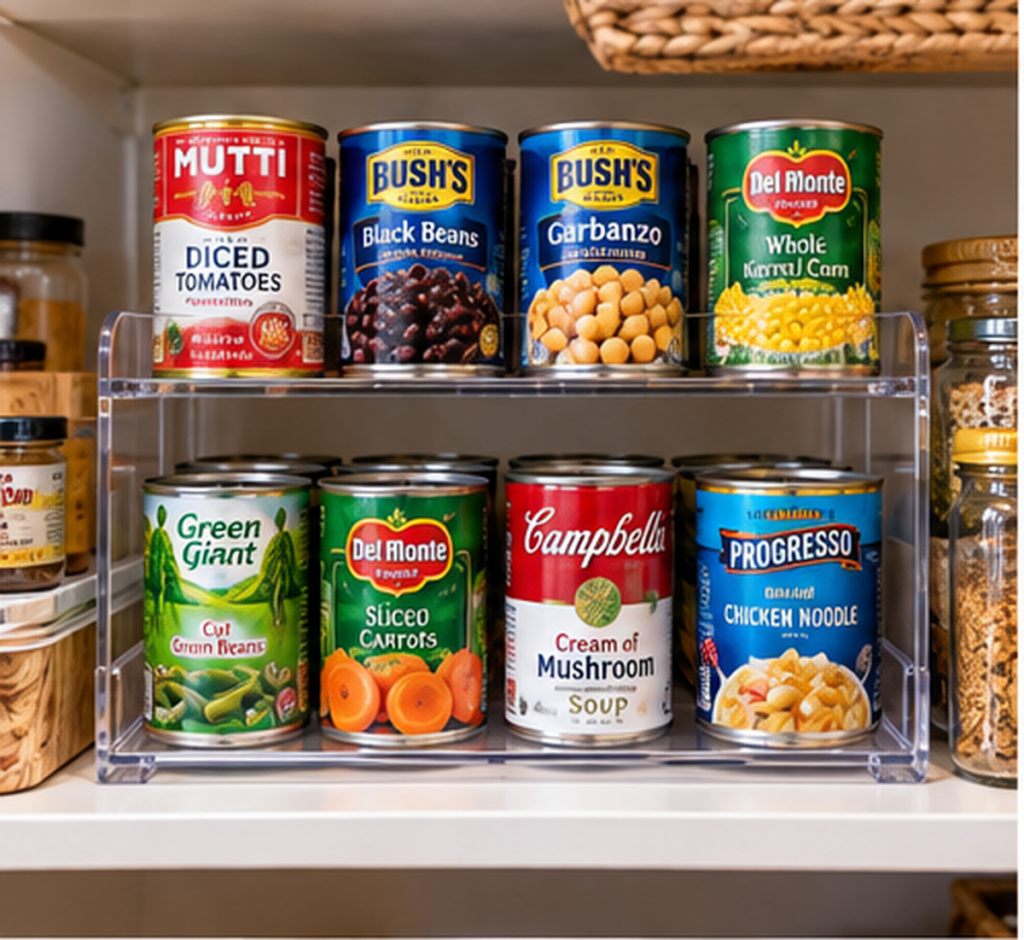 Canned goods arranged on a pantry shelf riser for better visibility