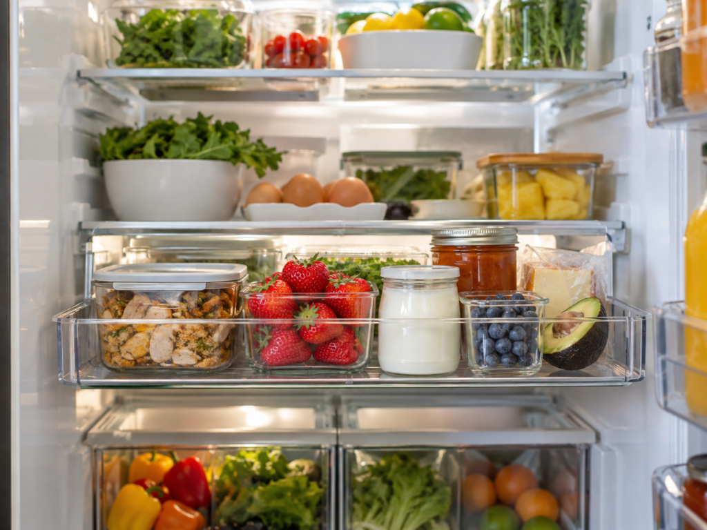 Clear refrigerator bin holding leftovers, yogurt, berries, and foods that should be eaten soon