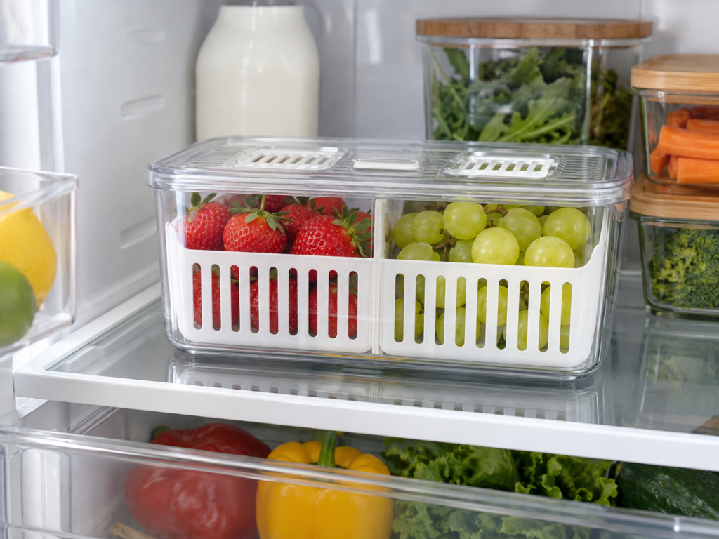 Vented refrigerator produce keeper holding strawberries and green grapes
