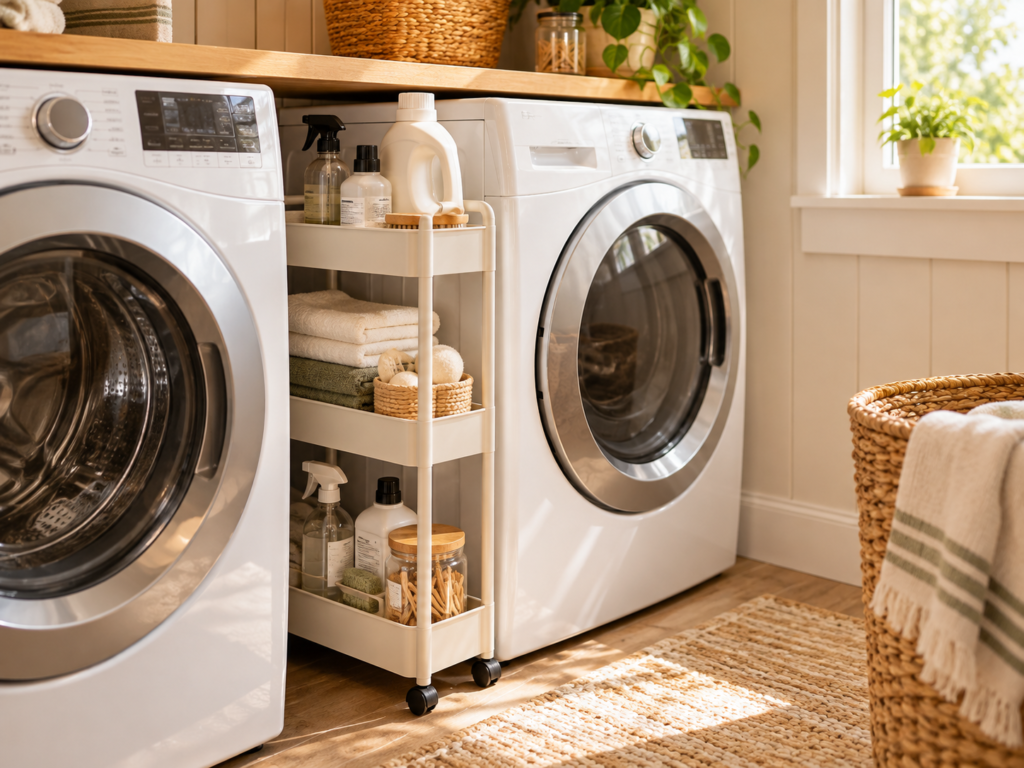 Narrow rolling laundry cart between washer and dryer holding detergent and supplies