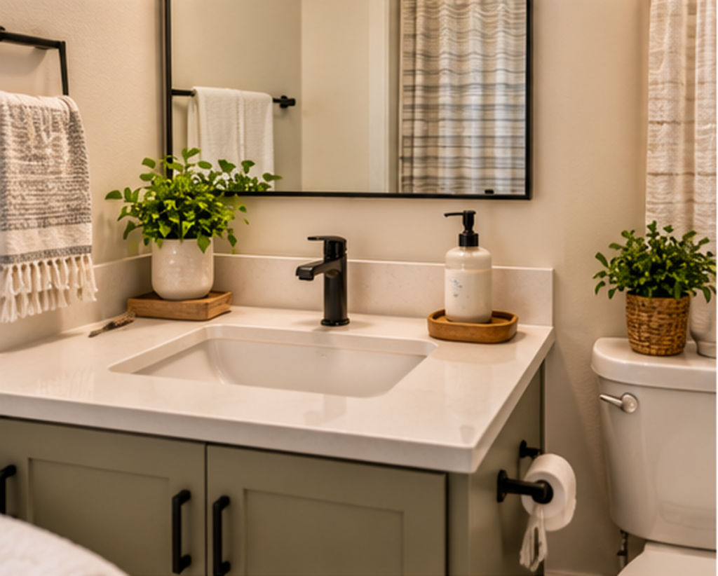 Small bathroom vanity after a Sunday reset with clear counter and organized toiletries