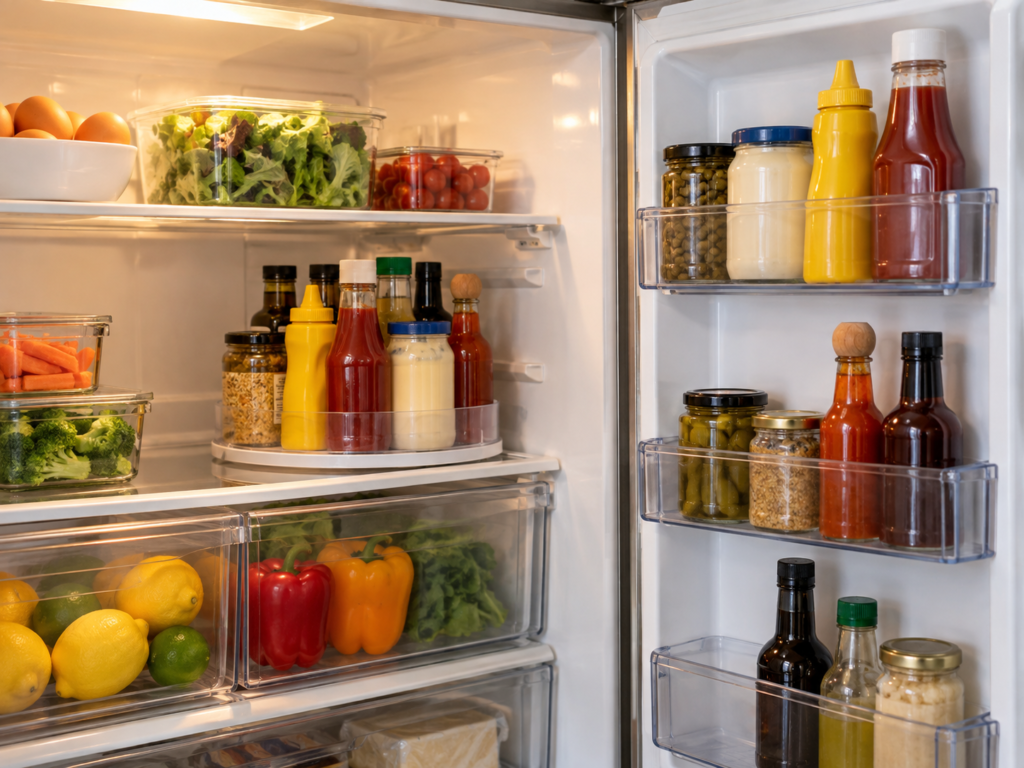 Refrigerator condiments organized together with bottles grouped on the door and shelf