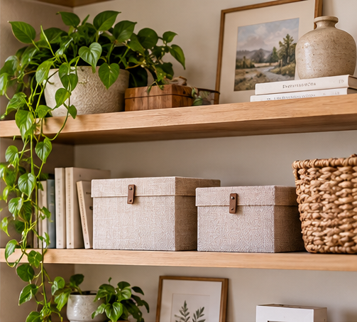 Decorative lidded storage boxes on an open shelf with books, baskets, and plants