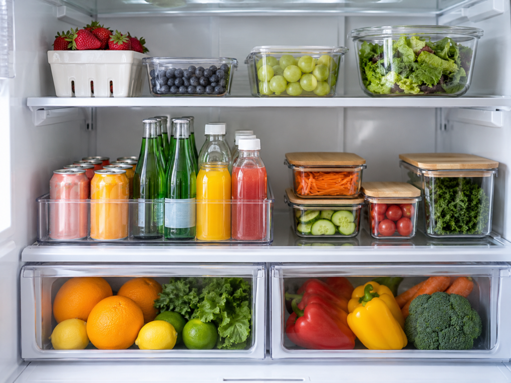 Refrigerator drink zone with cans and bottles grouped together beside organized produce