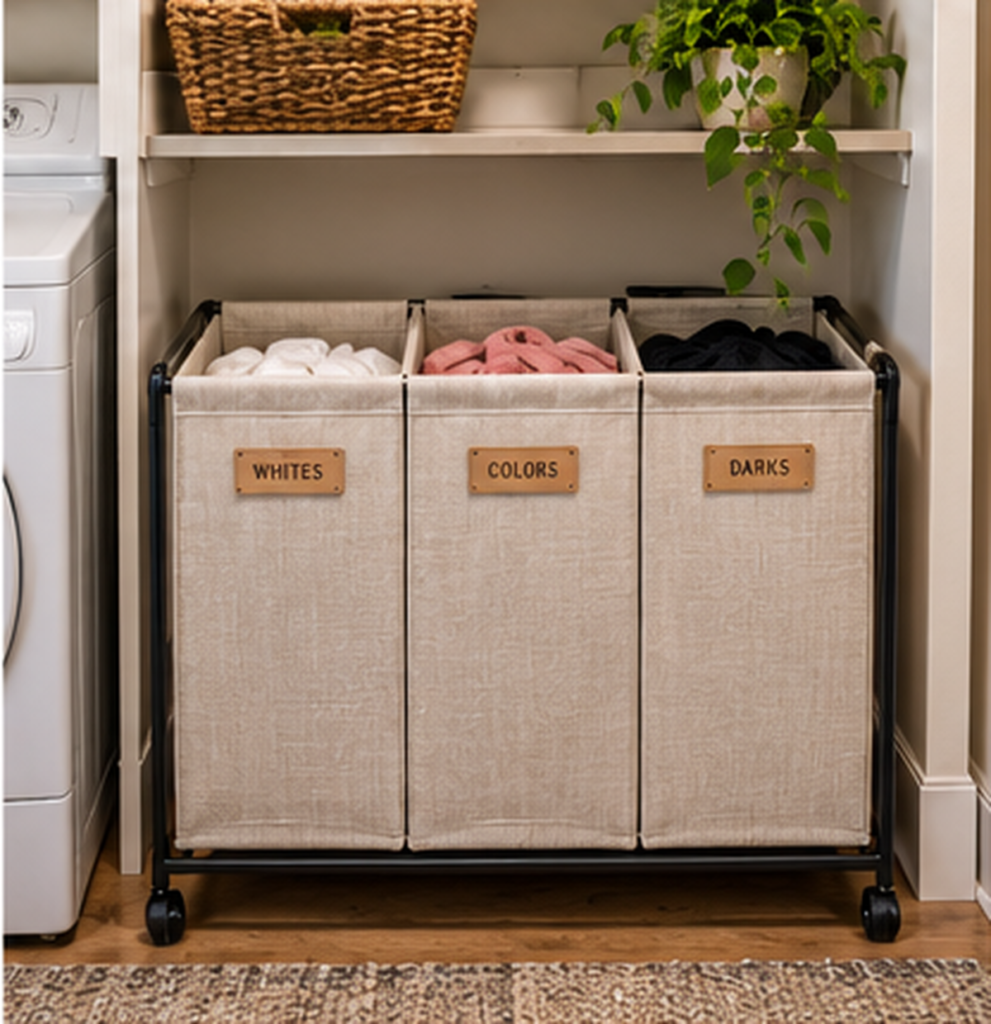 Divided laundry hamper organizing whites, colors, and dark clothing in a small laundry area
